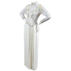 Vintage Bob Mackie White Embellished Mesh Maxi Length High Neck Gown SZ 6