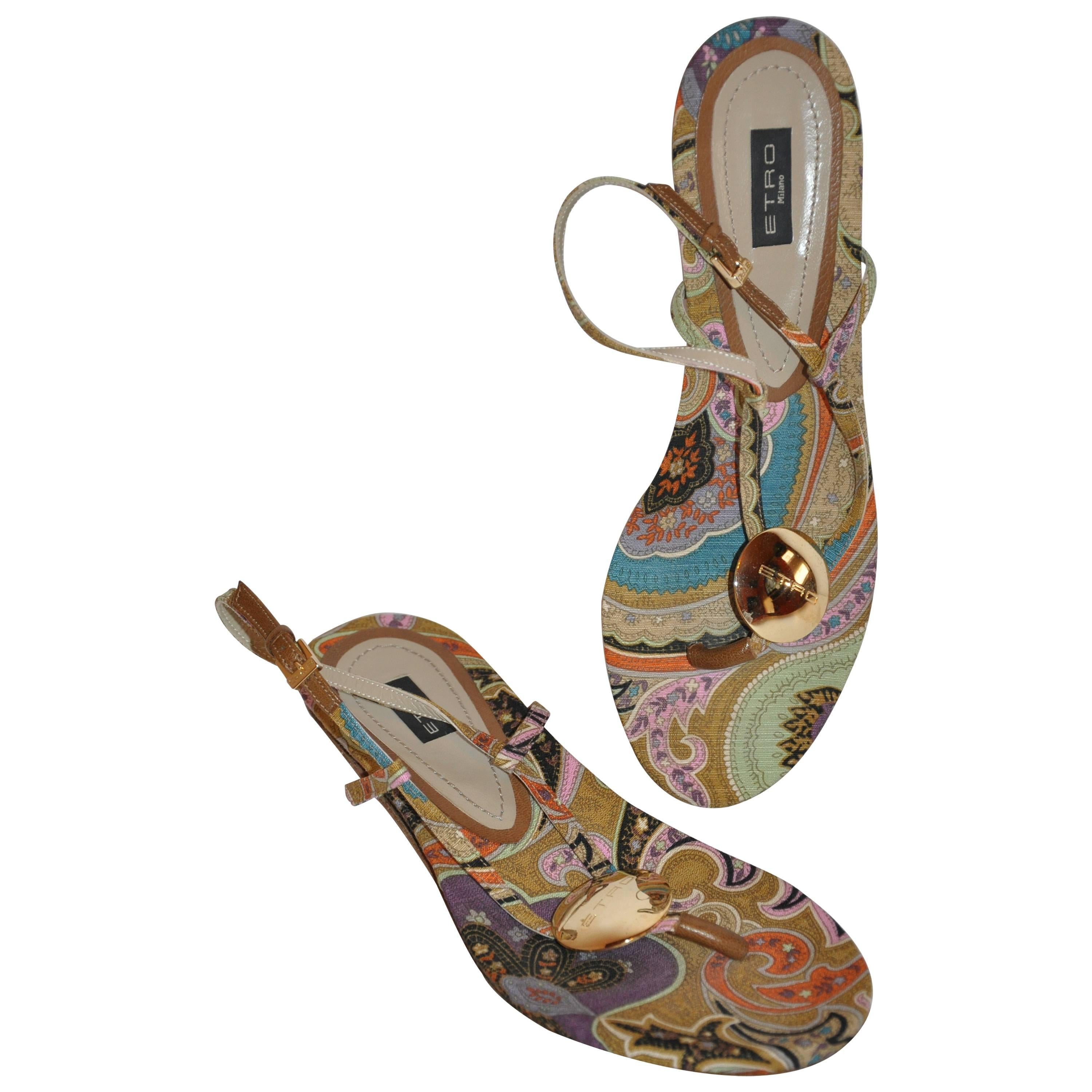 ETRO Multi-Color Linen Palsey-Print with Gold Hardware Adjustable Sandal For Sale