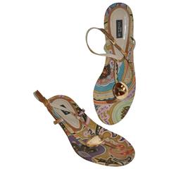 ETRO Multi-Color Linen Palsey-Print with Gold Hardware Adjustable Sandal 6