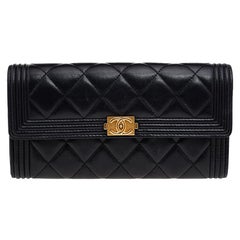 Chanel Black Quilted Leather Boy Long Flap Continental Wallet