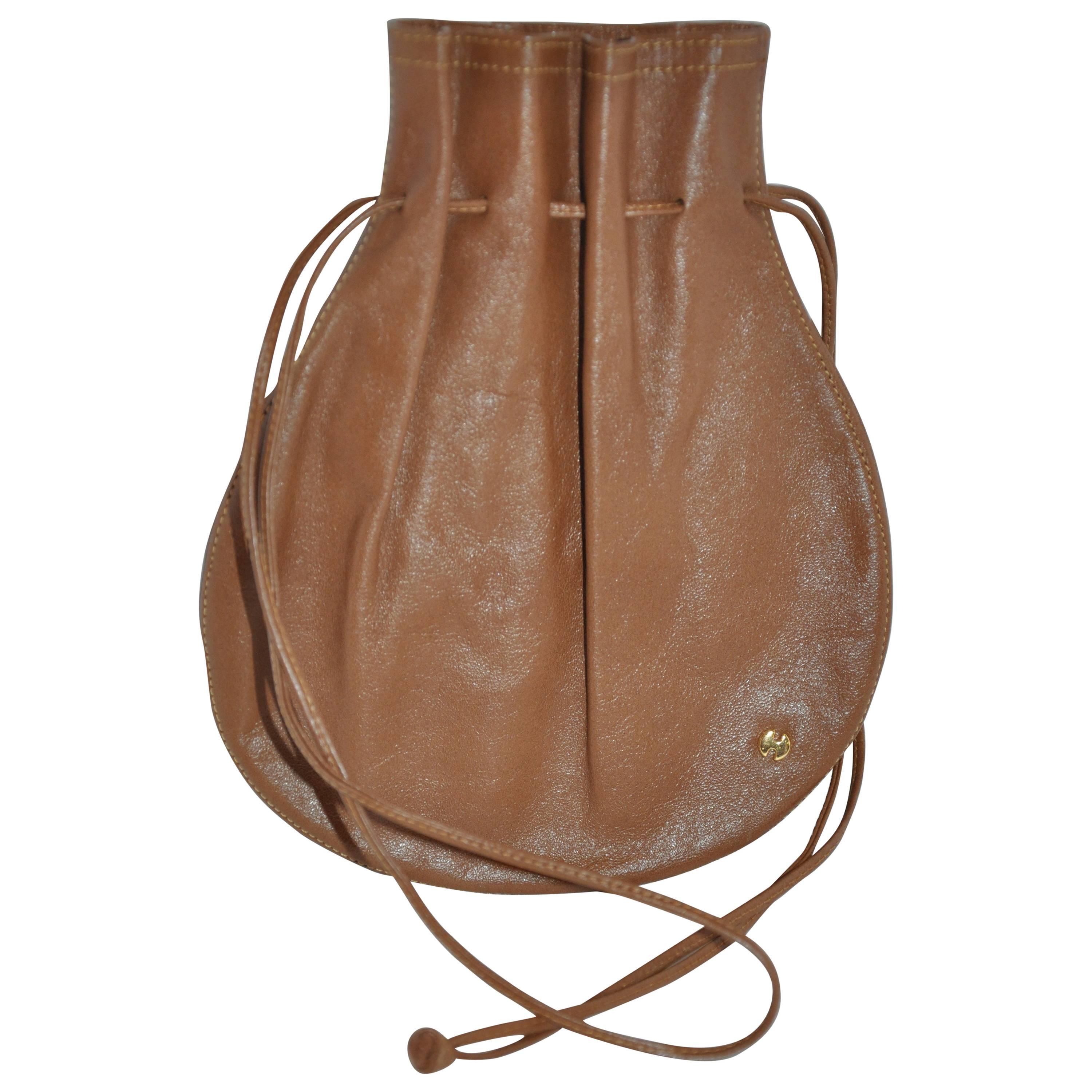 1970s Halston Brown Calfskin Drawstring Pouch Bag For Sale