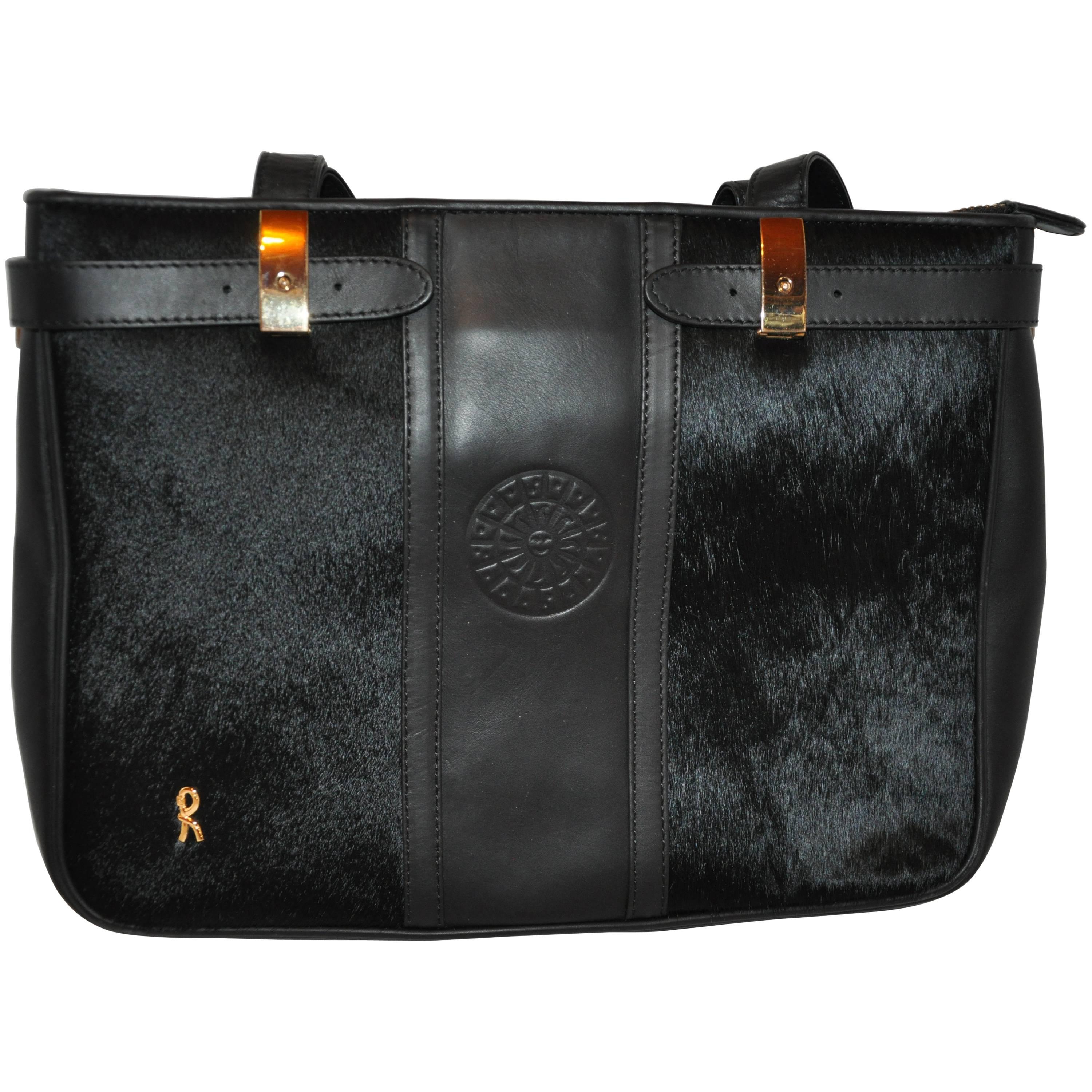 Handtasche aus schwarzem Kalbsleder mit gebürstetem Pony-Akzent von Francesca di Camerino im Angebot