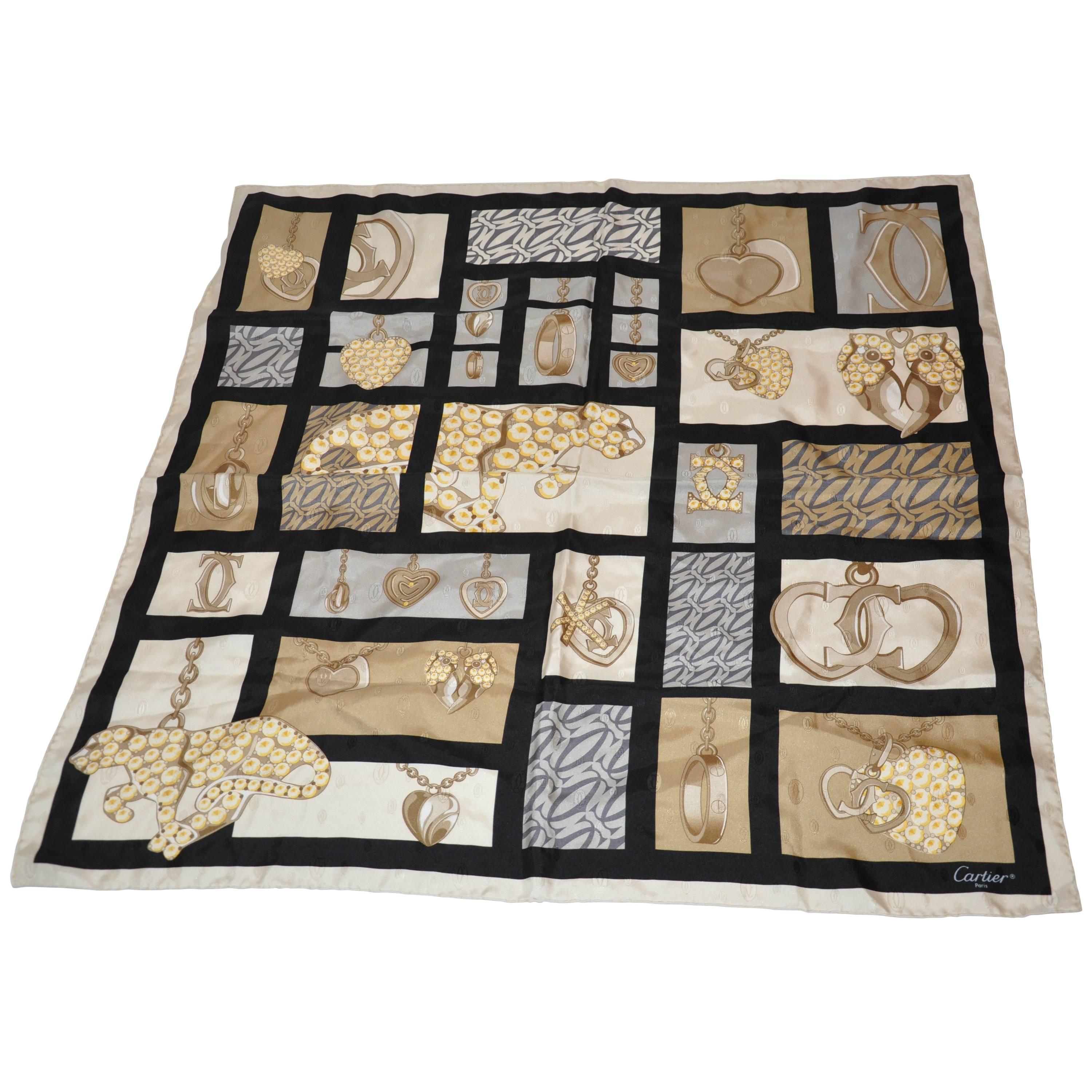 Cartier Signature "Jewels & Jaguar" Silk Scarf For Sale