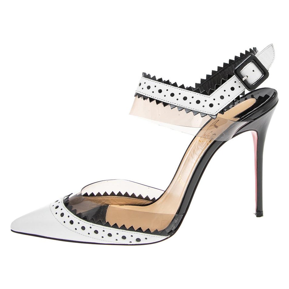 Christian Louboutin White/Black Leather and PVC Chouette Pumps