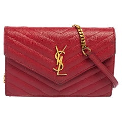 Saint Laurent Red Leather Monogram Wallet on Chain