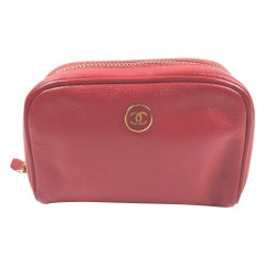Chanel Red Leather Button Line Cosmetic Case Make Up Pouch 861592