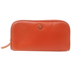Vintage Chanel Orange Leather Cosmetic Pouch Make Up Bag  863191 