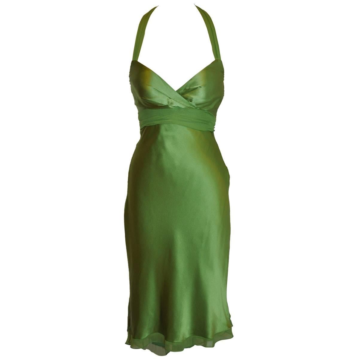 Irish Green Silk Crepe di Chine Optional Halter Tie Strapless Cocktail Dress