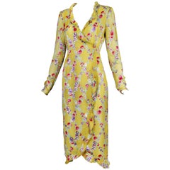 Emanuel Ungaro Yellow Silk Floral Lattice Pattern Day Dress w/Ruffled Edges 