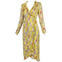 Emanuel Ungaro Yellow Silk Floral Lattice Pattern Day Dress w/Ruffled Edges 7