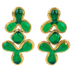 Guy Laroche Dangle Gilt Metal Clip Earrings Emerald Green Resin