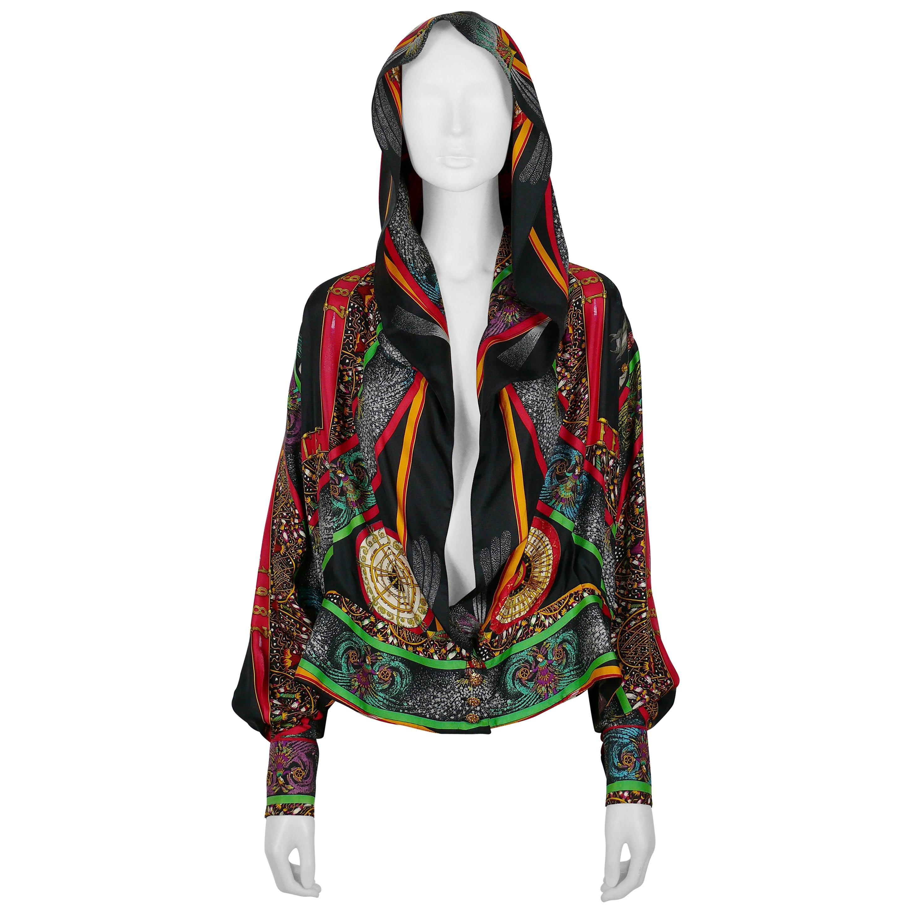 Hermes Vintage Feux d'Artifice 150th Anniversary Silk Hooded Blouse For Sale