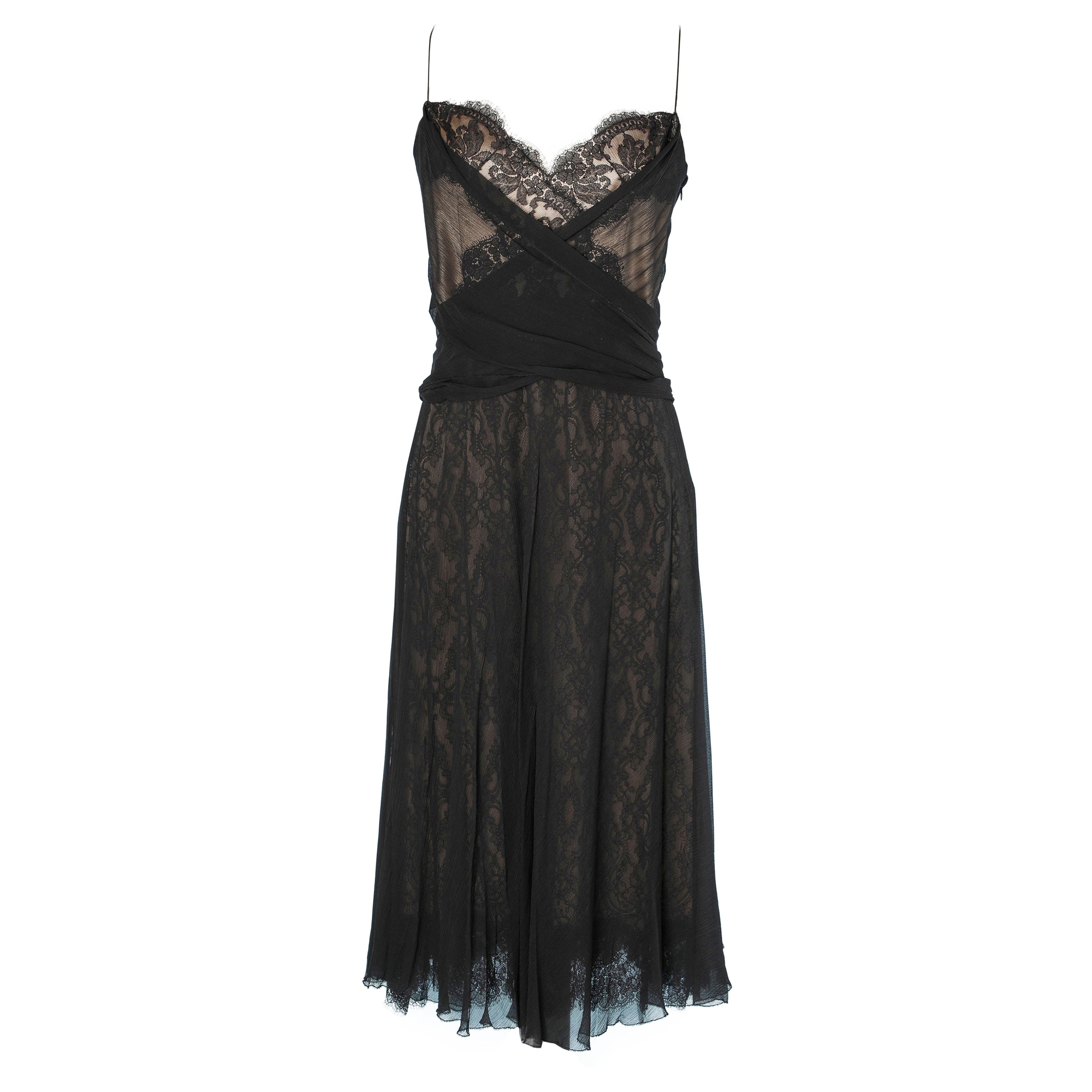 Black chiffon and lace dress with nude satin parts Elie Tahari For Sale