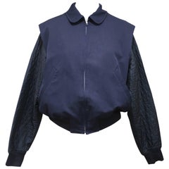 Retro Comme des Garcons Homme navy cotton bomber jacket with quilted sleeves, c. 1989