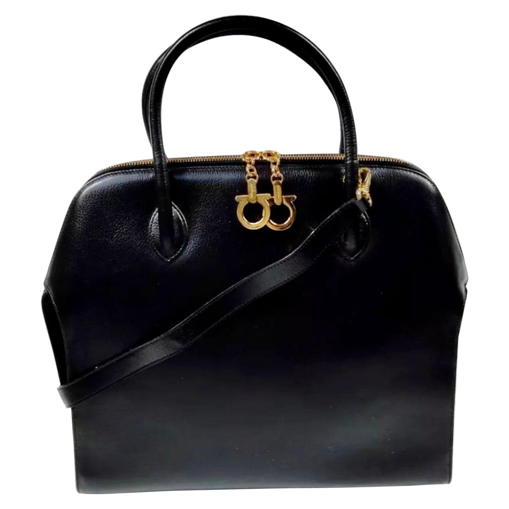 Salvatore Ferragamo Black  Leather Tote / Shoulder Bag Large with Gold Hardware
