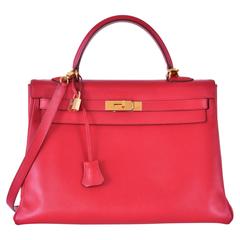 Hermes Kelly 35cm Rouge Vif Courchevel Leather Pre-loved JaneFinds