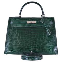 Hermes 35CM Shiny Vert Fonce Porosus Sallier Kelly Bag With Palladium Hardware
