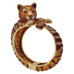 Jay Strongwater "Call of the Wild" Tiger Enamel & Crystal Hinge Bracelet in Gold