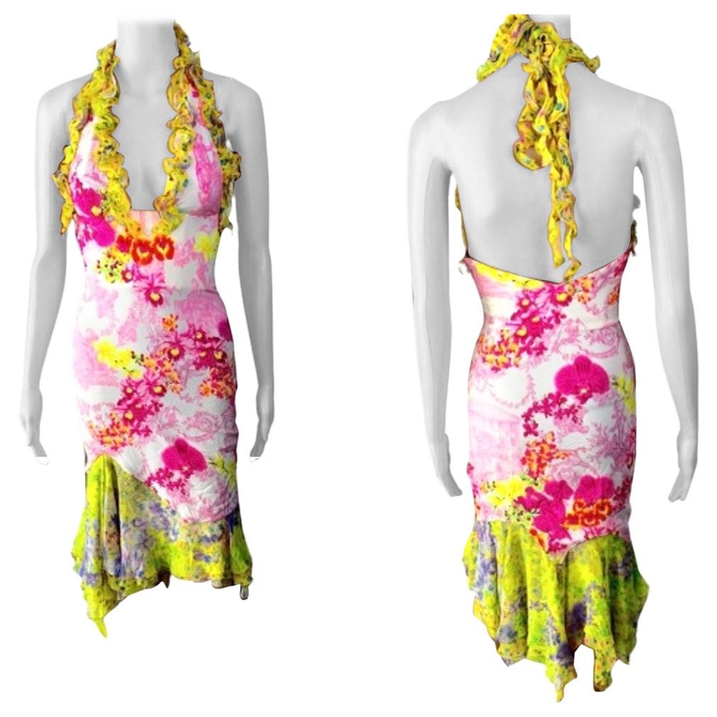 Versace S/S 2004 Runway Floral Print Ruffle Plunging Neckline Low Back Dress