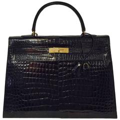 Hermès Black Shiny Crocodile Kelly 35 GHW Above Excellent Condition w.. Cadena