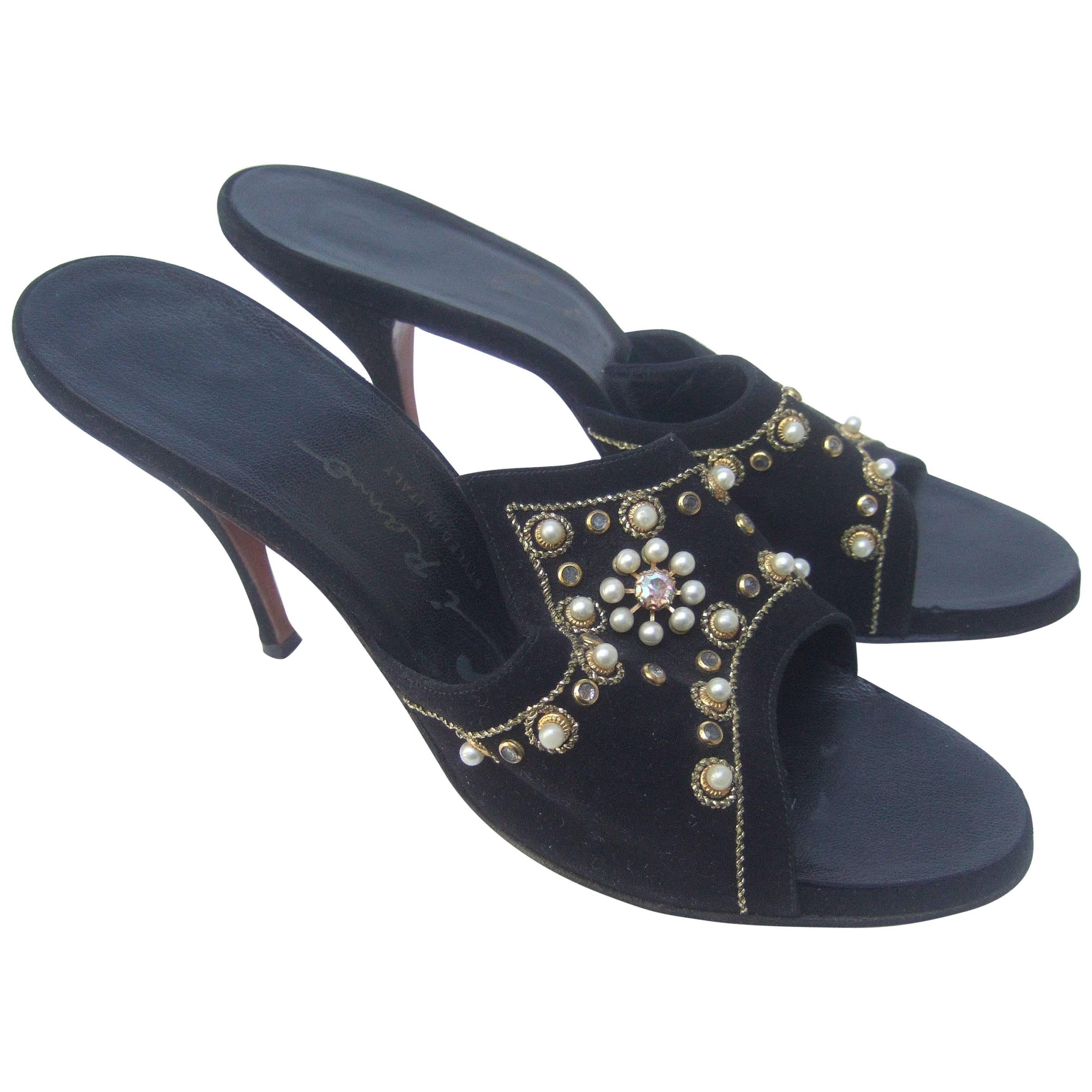Jeweled Vintage Black Suede Mules Made in Italy ca 1960 For Sale