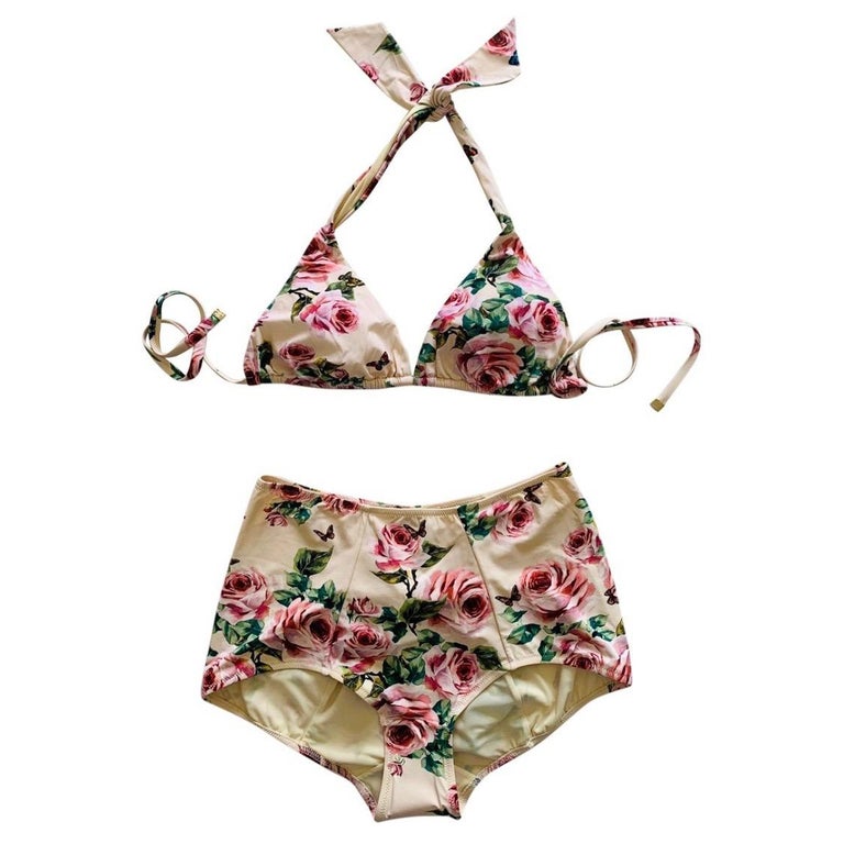 Dolce and Gabbana rose printed Beige swimwear bikini For Sale at 1stDibs