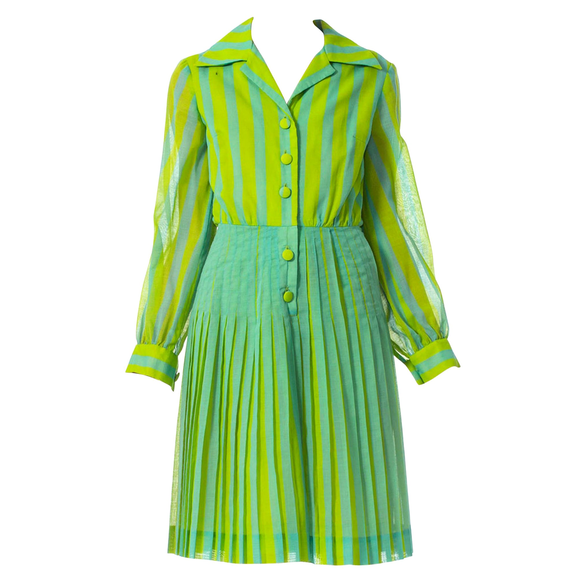 1970S DADDY DRADDY's Lime Green & Blue Cotton Striped Pleated Mod Dress For Sale
