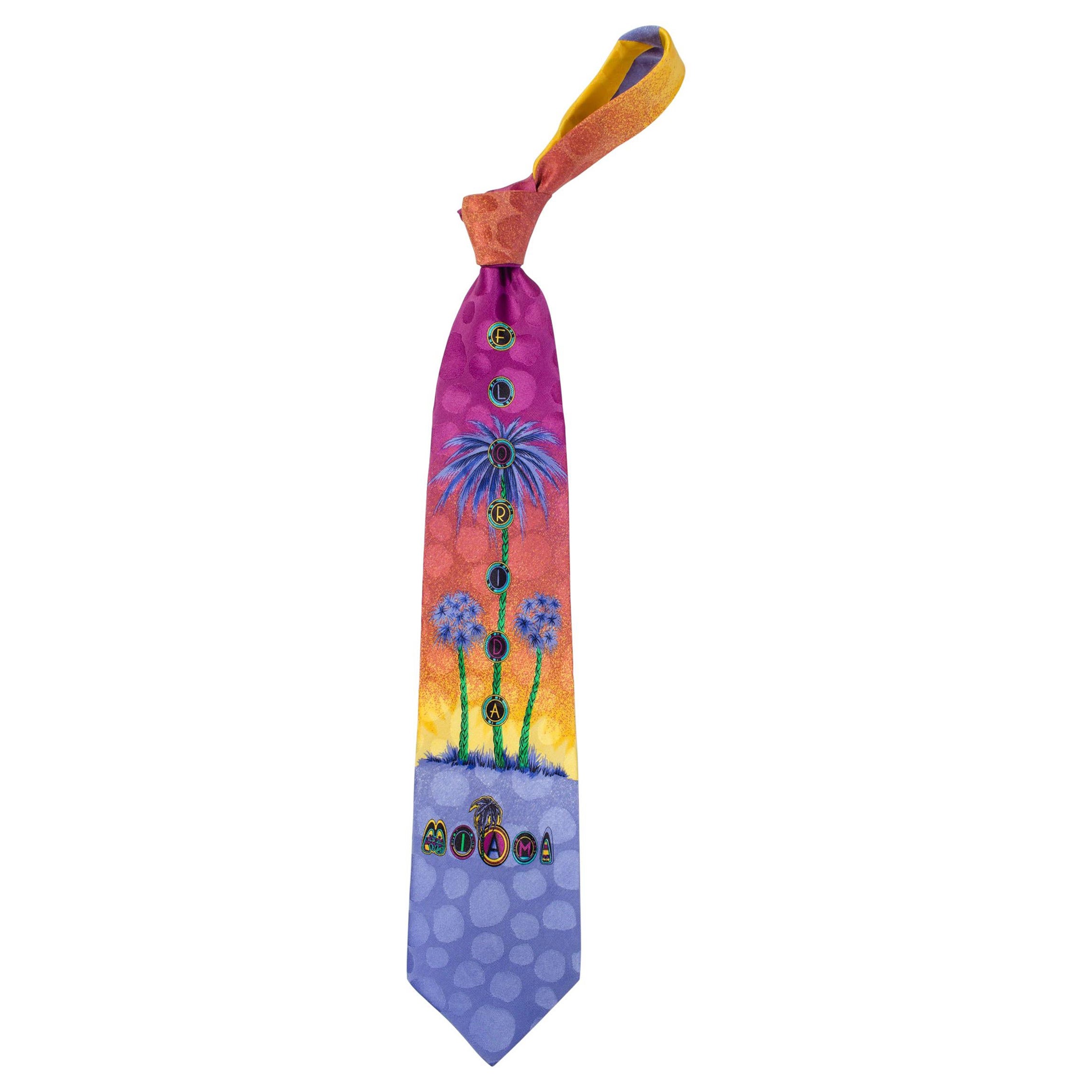 1990er GIANNI VERSACE lila Sonnenuntergang Miami Krawatte mit Palmen