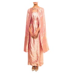 1960S Pink Silk & Gold Lame Jacquard Strapless Gown With Detachable Skirt Cape
