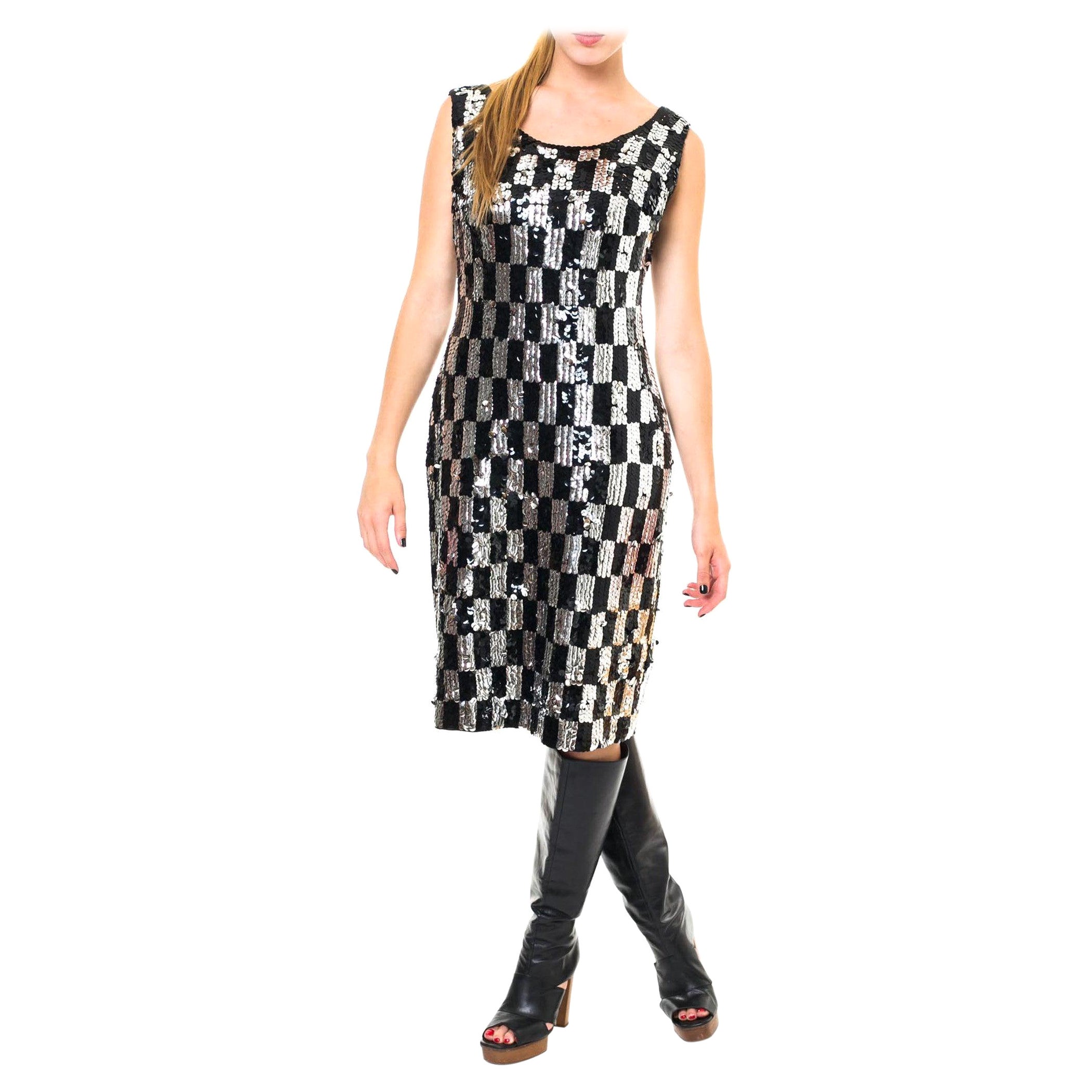 Schwarz-silbernes Op-Art-Cocktailkleid aus Wollstrick aus den 1960er Jahren
