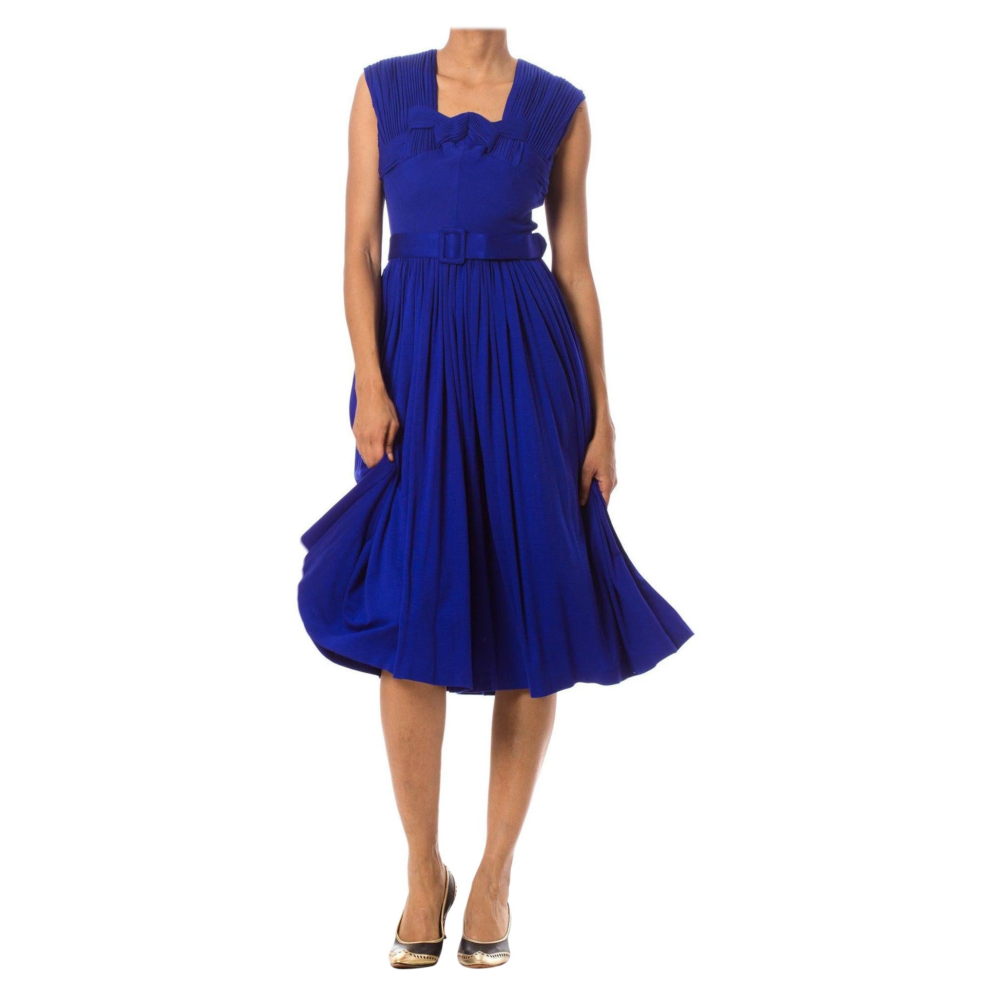 1950S Sapphire Blue  Silk Jersey Couture Hand Pleated Dress With Belt For Sale