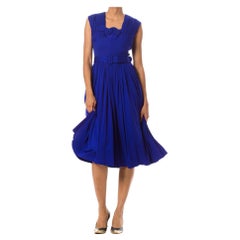 1950S Sapphire Blue  Silk Jersey Couture Hand Pleated Dress With Belt