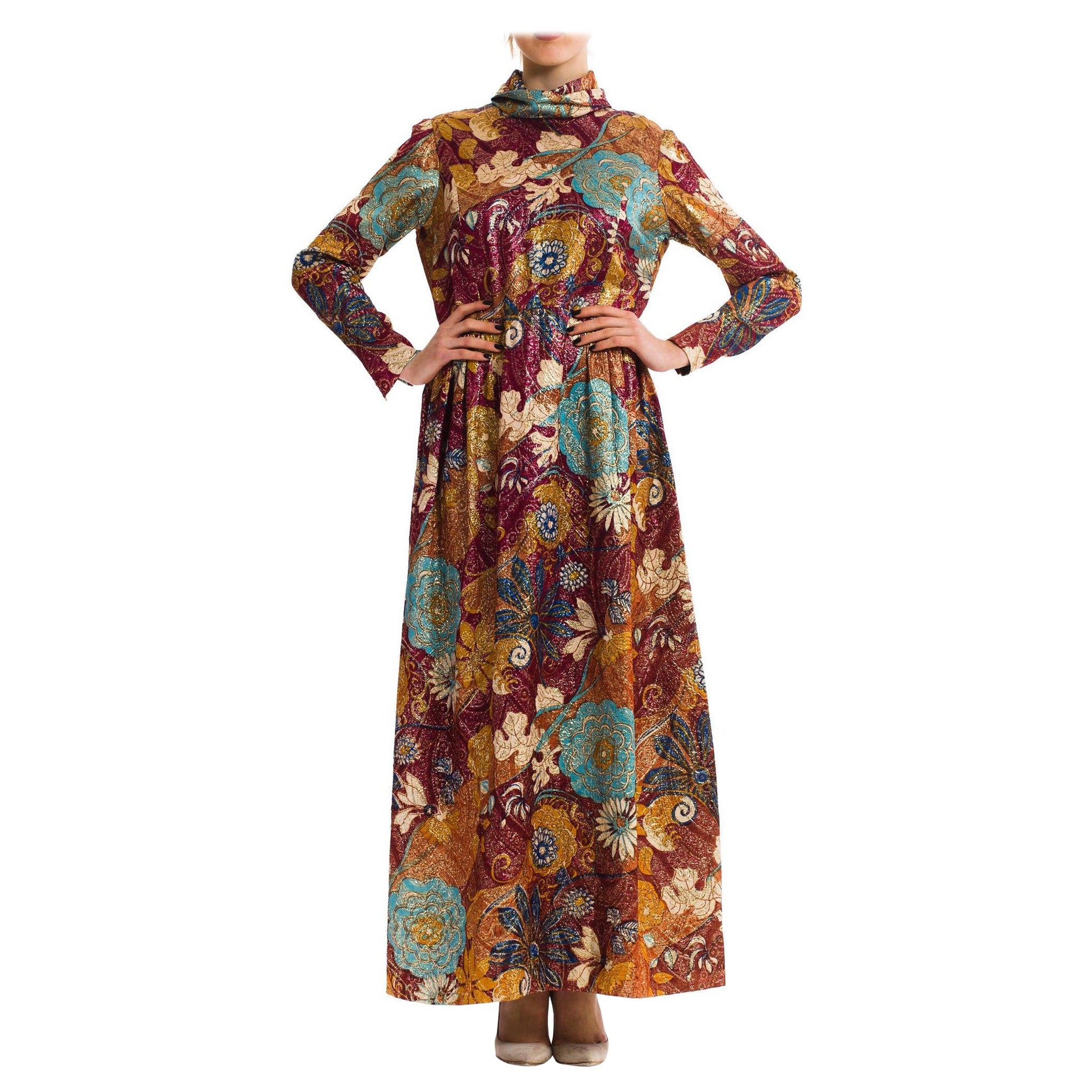 1970S Burgundy & Gold Acetate/Lurex Matelassé Lamé Loose Cut Evening Dress For Sale