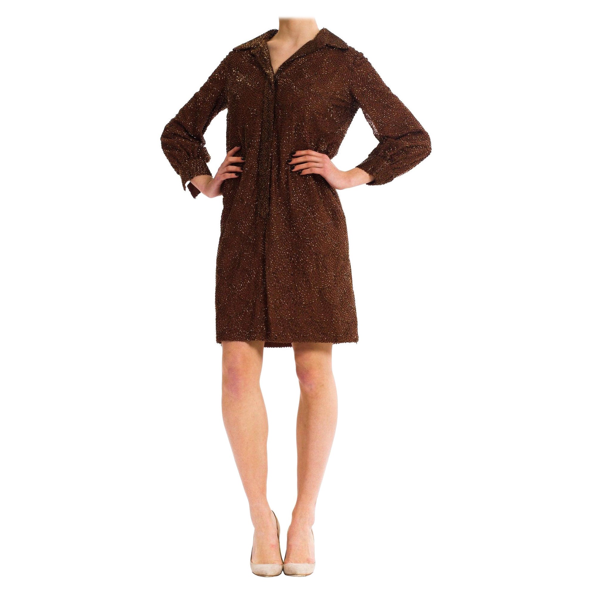 1960S Chocolate Brown Hand Beaded Silk Chiffon Long Sleeve Cocktail Shirt Dress For Sale