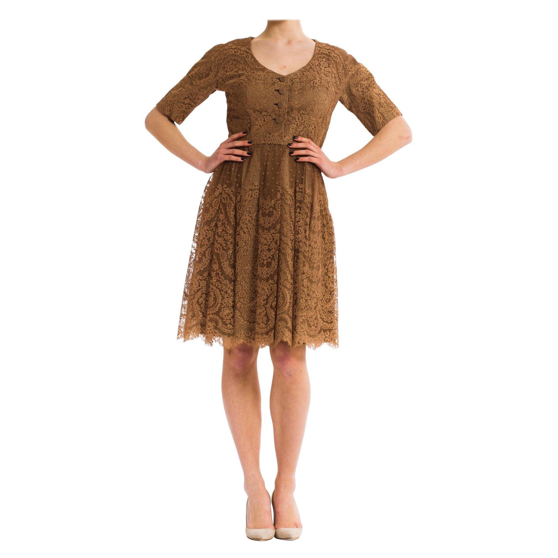 1950S NAT KAPLAN Brown Rayon & Silk Chantilly Lace Short Sleeve Cocktail Dress For Sale