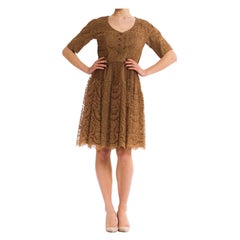 1950S NAT KAPLAN Brown Rayon & Silk Chantilly Lace Short Sleeve Cocktail Dress