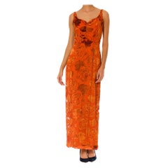 1930S Gebrannte Orange Floral Seide Ausbrenner Samt  Kleid As-Is für Design oder Theater