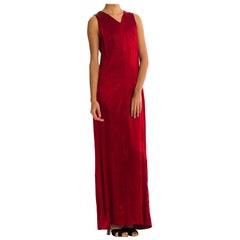 Vintage 1990S Deep Red Rayon Crepe Back Satin Modernist Gown With Unique Pin Tuck Embro