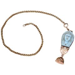 Retro Egyptian Revival Glass Scarab, Rhinestone and Gilt Metal Necklace