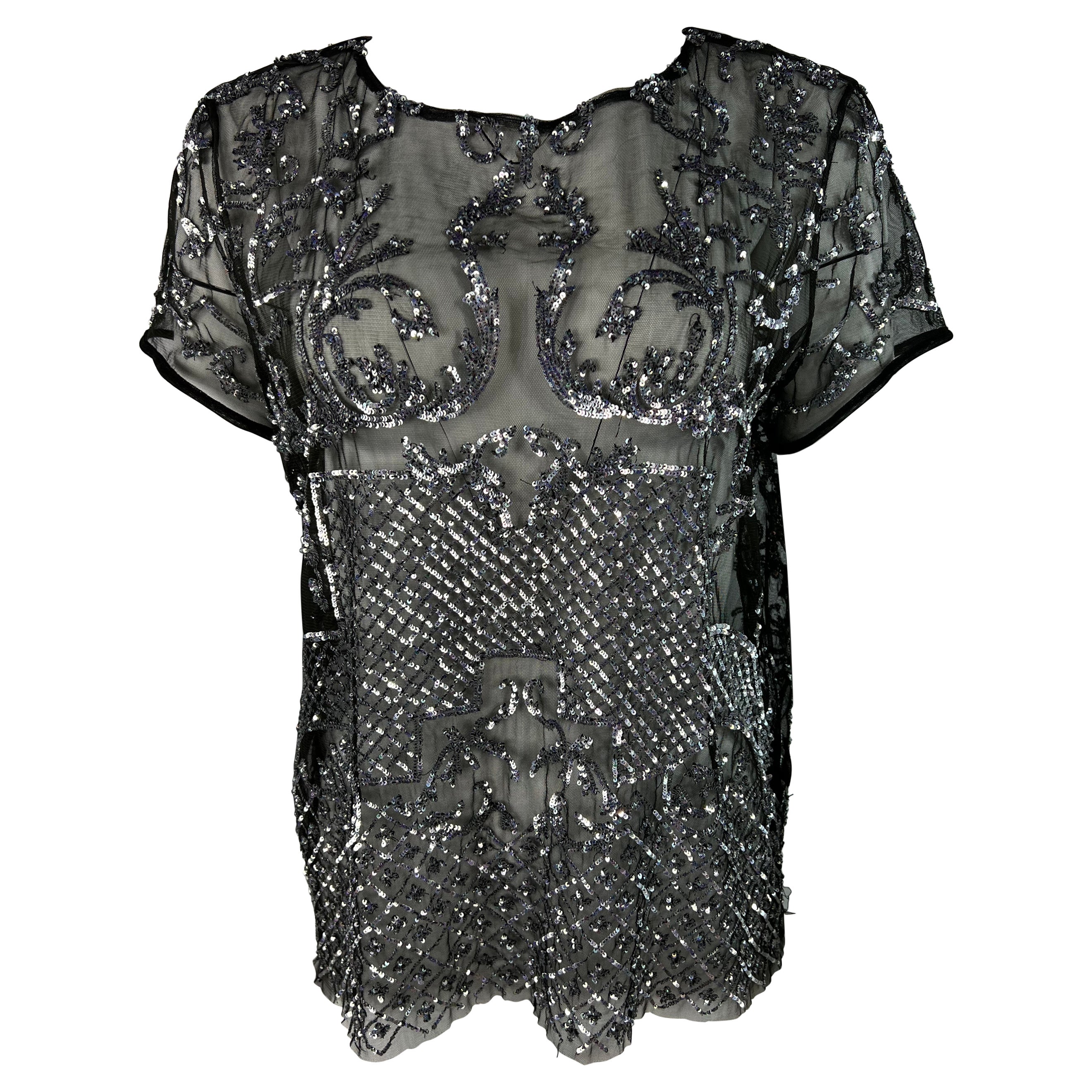 Libertine Black Mesh and Silver Metallic Sequin Top, Size Large For Sale