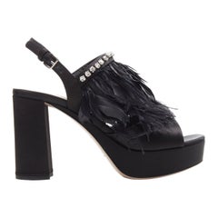 new MIU MIU black satin feather crystal embellished platform heel sandals EU36.5