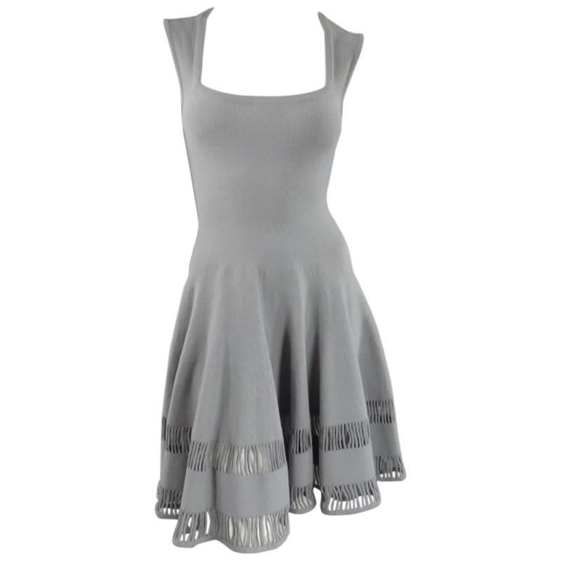 AZEEDINE ALAIA Size 6 Grey Wool Blend Knit Full Skirt Cutout Dress