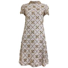 Malcolm Starr off white encrusted glass rhinestones cocktail dress, 1960s