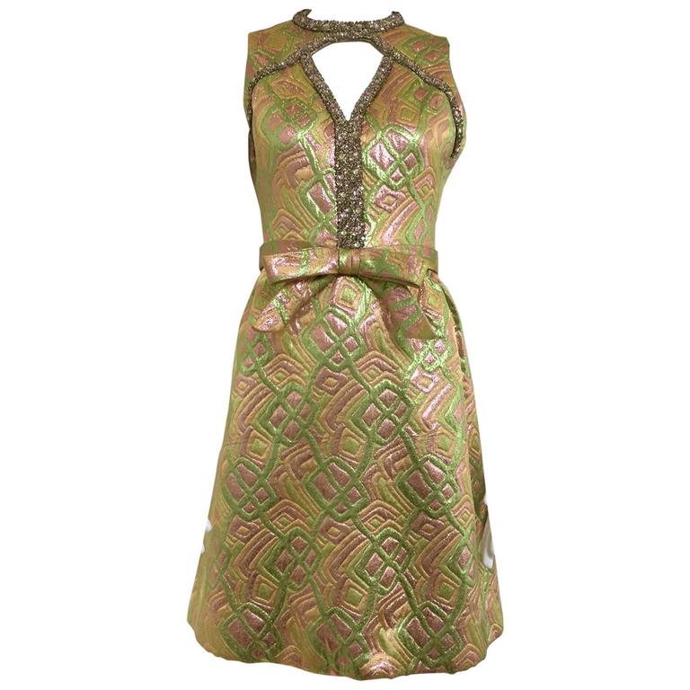 1960s pastel metallic brocade dress with rhinestones neckline at 1stDibs