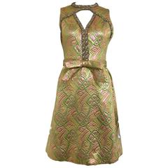 1960s pastel metallic brocade dress with rhinestones neckline