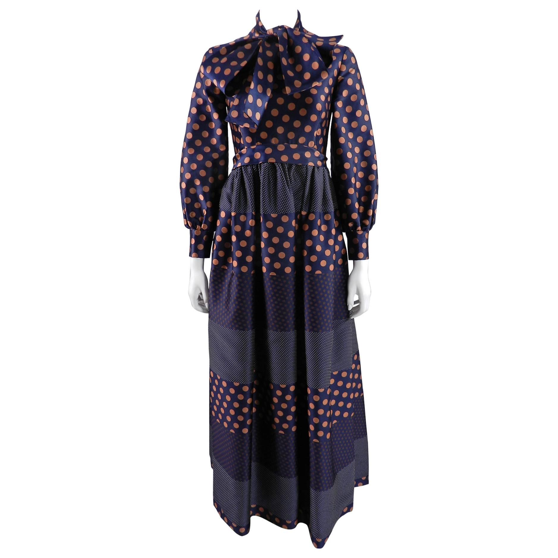 Geoffrey Beene 1970's Polkadot Gown with bow at Neck For Sale