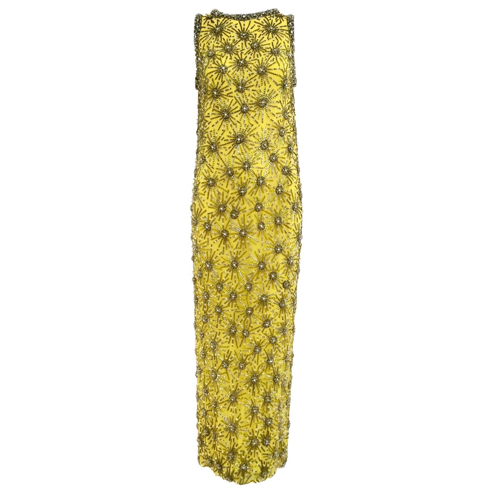 1960s Intricate yellow silk beaded gown