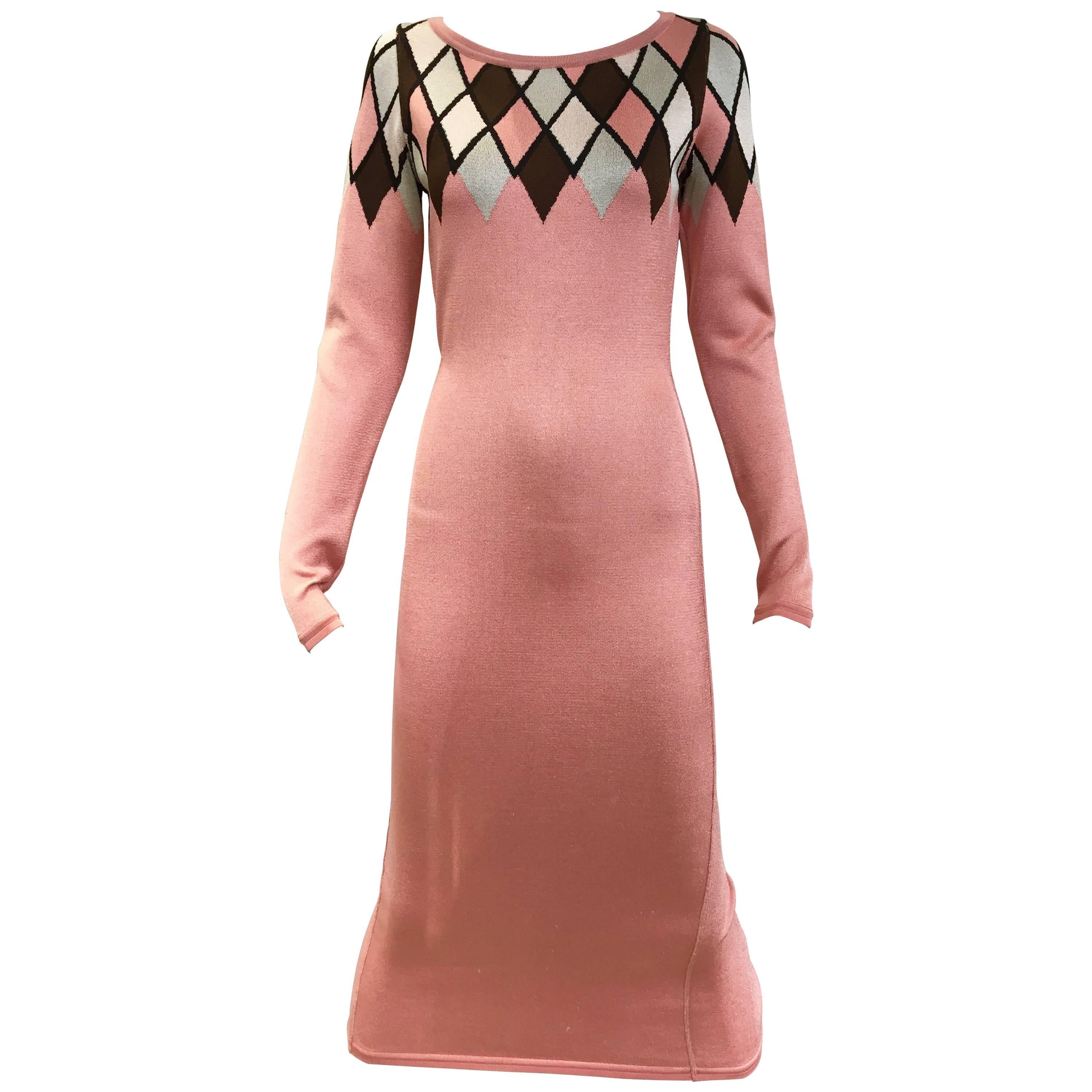 90s ALAIA pink diamond harlequin print viscose dress For Sale
