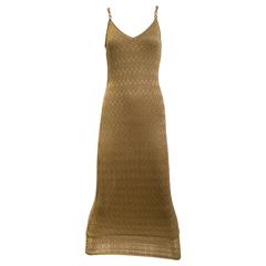 1990s Christian Dior Gold Metallic Spaghetti Strap Fitted Dress