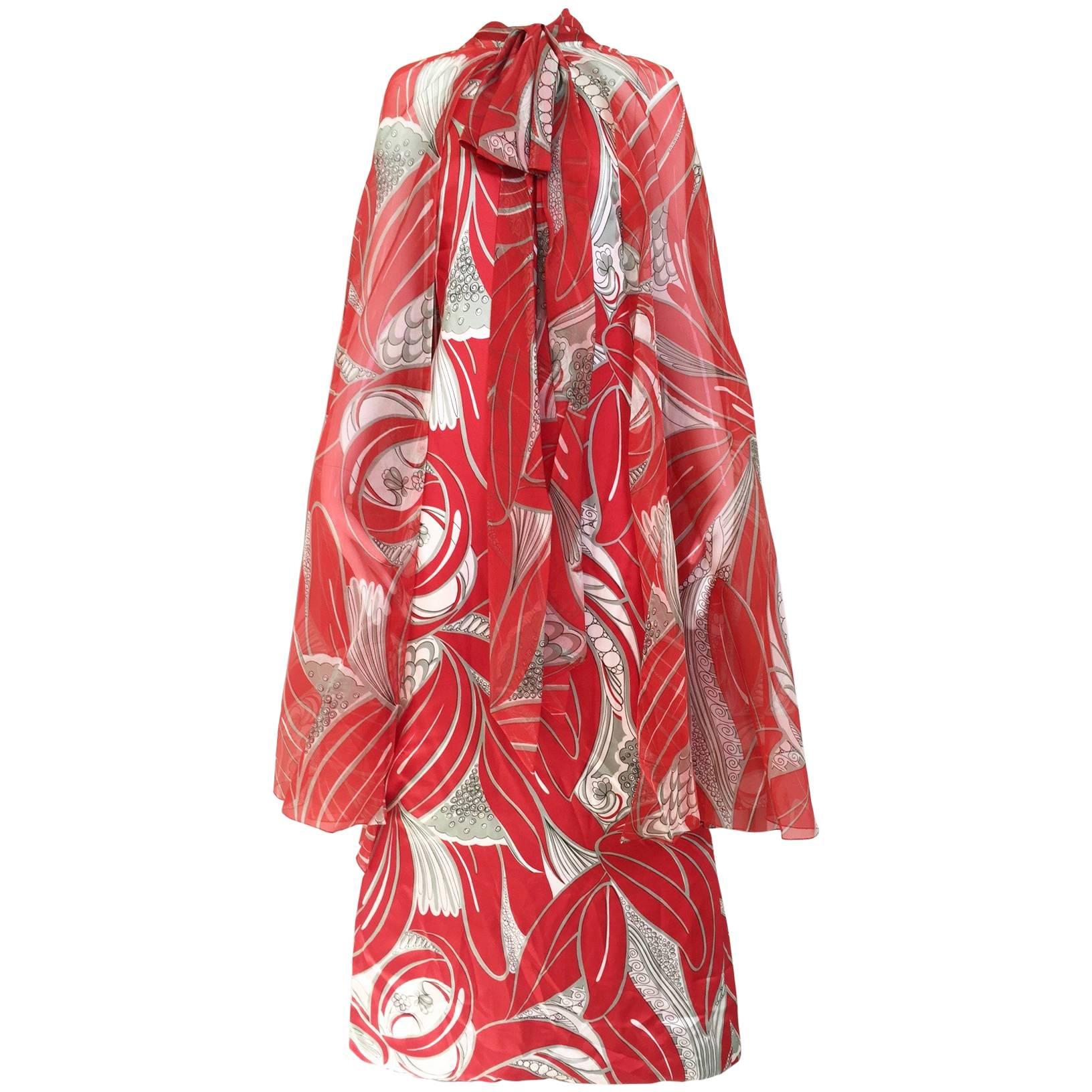 1970s Adele Simpson red and grey silk dress with cape